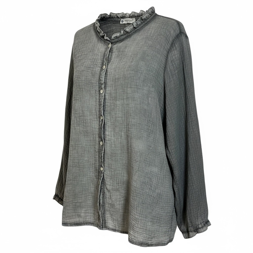 Cobblestone Living Gray Ruffled Collar Button Up Shirt‎ Made in Italy L XL